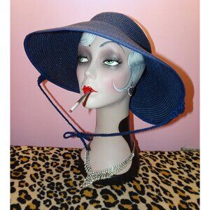 Vintage Navy Blue Open Top Sun Hat w/ Bow summer beach sun bonnet pinup retro
